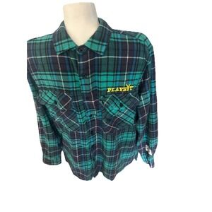 Playboy x Pacsun Teal& Blue Plaid Long Sleeve Shirt, Men's medium